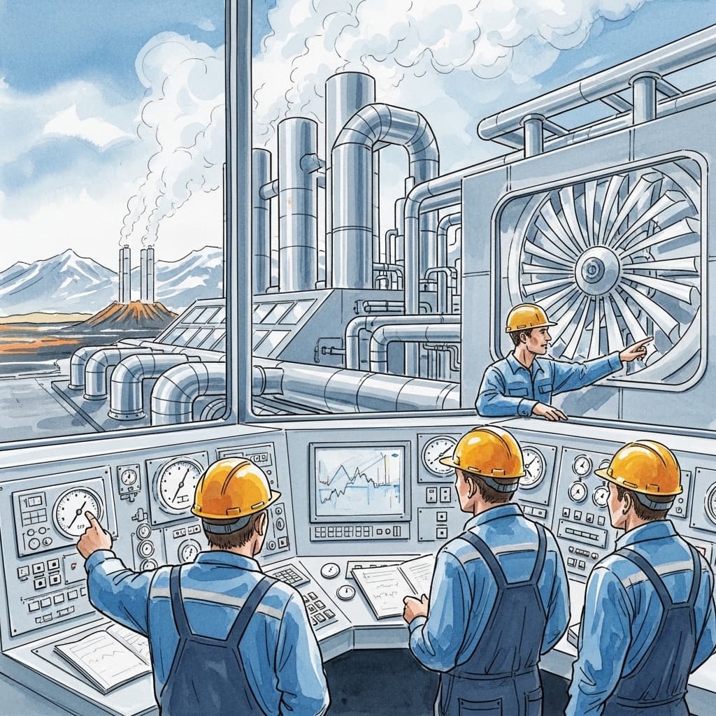 A cutting-edge geothermal energy plant in Iceland with engineers analyzing complex pressure gauges and turbine readings., in a watercolor style