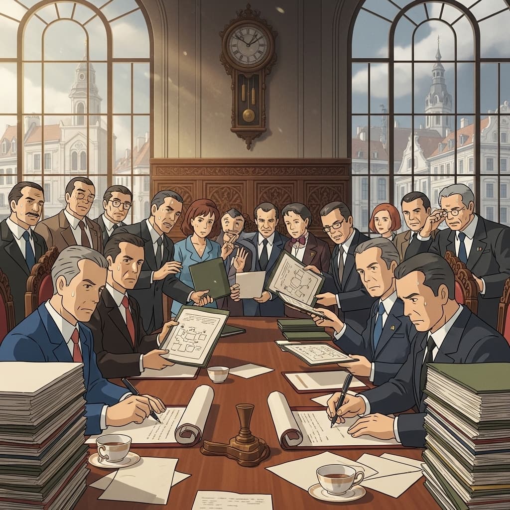 A tense international trade negotiation table in Brussels with diplomats signing treaties and exchanging legal folders., in a ghibli studio anime style