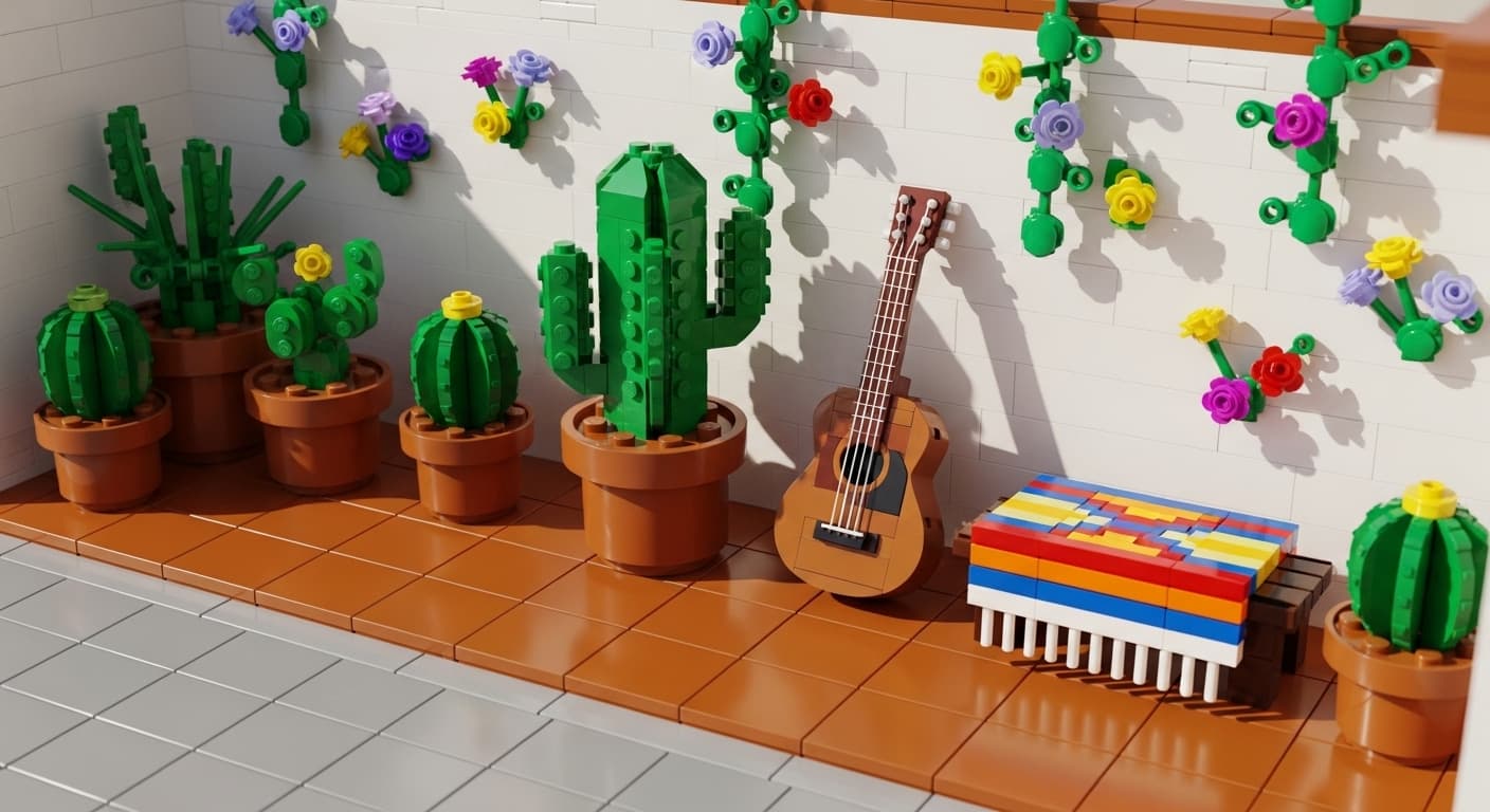 A colorful Mexican patio with terracotta pots, a cactus, a guitar, and a woven blanket., in a lego style