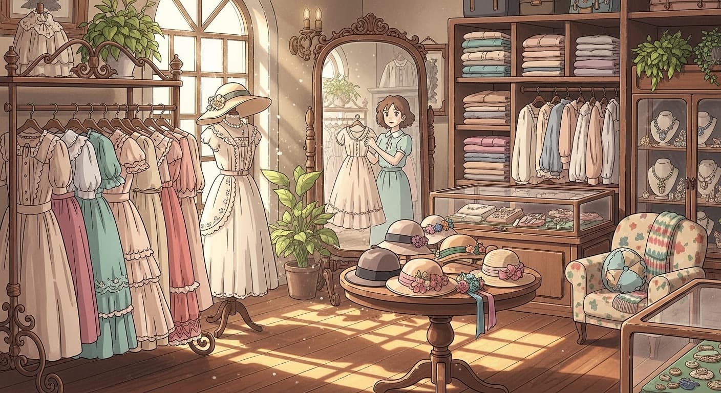 A charming vintage clothing store with racks of dresses, hats, and a large mirror., in a ghibli studio anime style