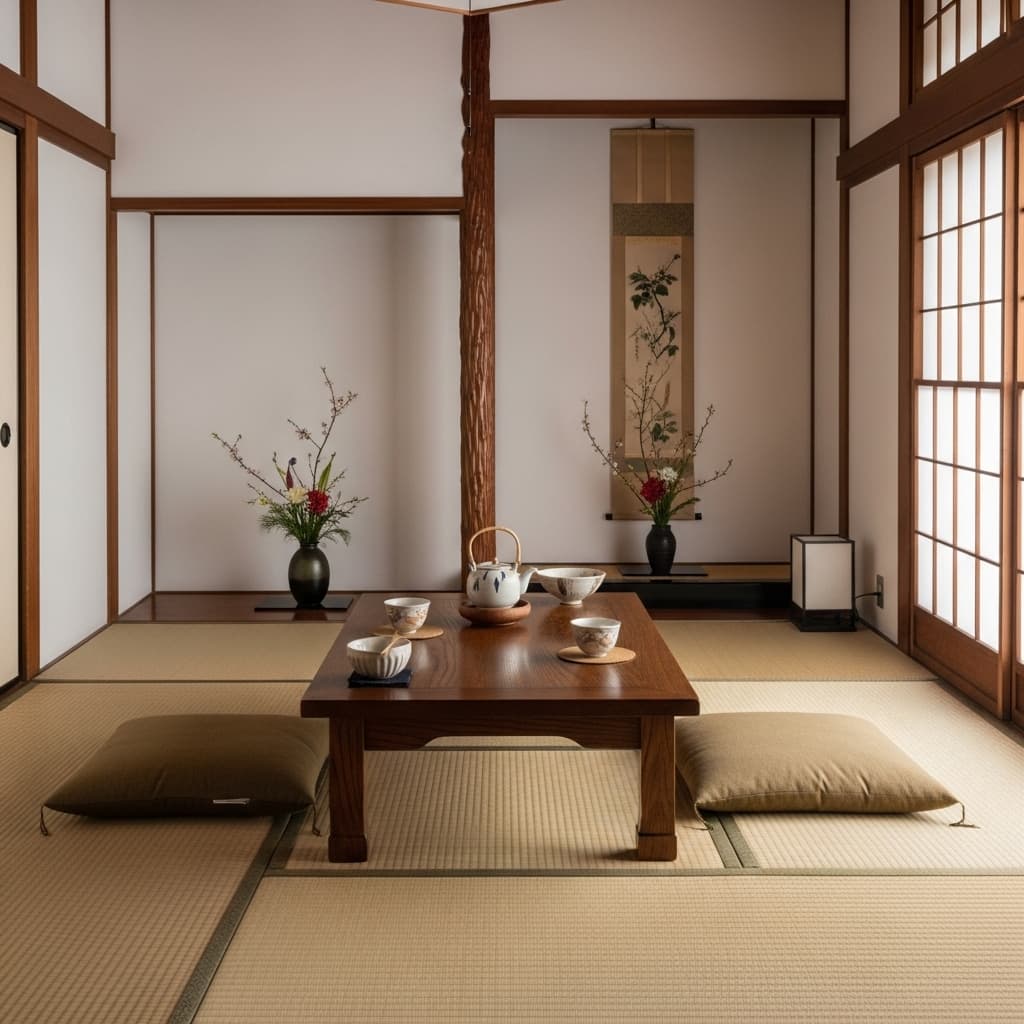 A traditional Japanese tatami room with a low table, a tea set, cushions, and a shoji sliding door., in a realistic style