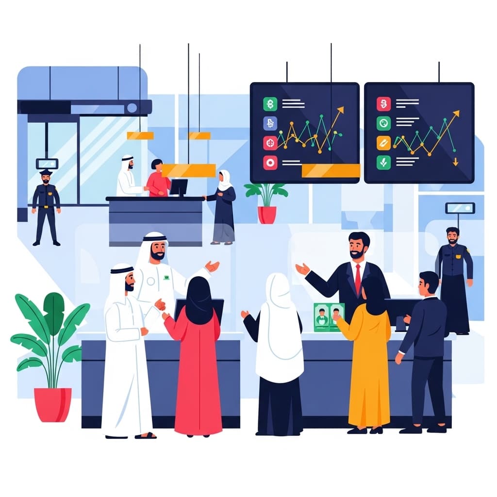 A modern bank in Dubai with tellers in traditional and modern dress, digital currency boards, and security personnel., in a modern vector flat art style