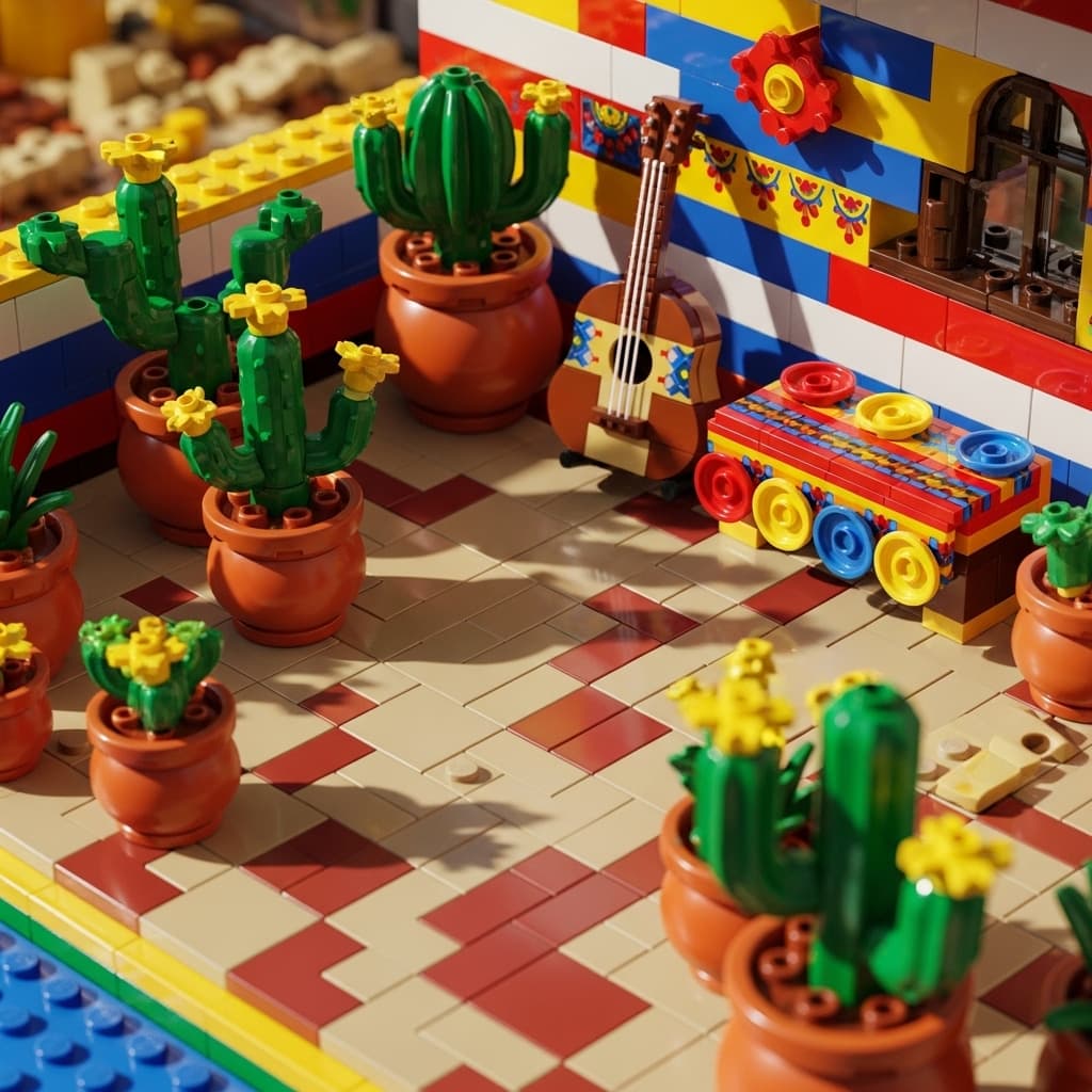 A colorful Mexican patio with terracotta pots, a cactus, a guitar, and a woven blanket., in a lego style