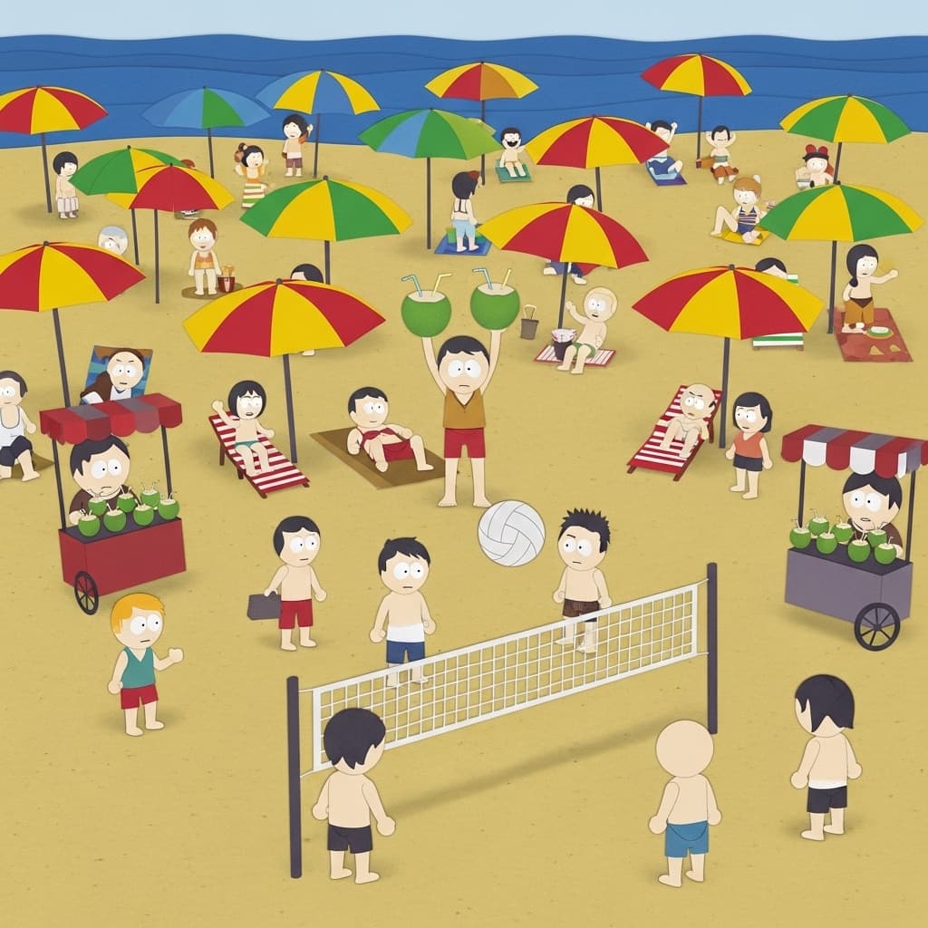 A crowded Brazilian beach with people playing volleyball, colorful umbrellas, and vendors selling coconut water., in a south park paper-cutout style