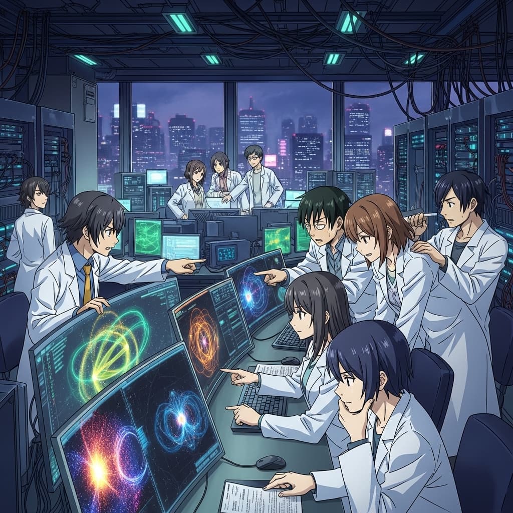 A state-of-the-art supercomputing research center in Tokyo with quantum physicists observing intricate particle collision simulations on screens., in a anime style