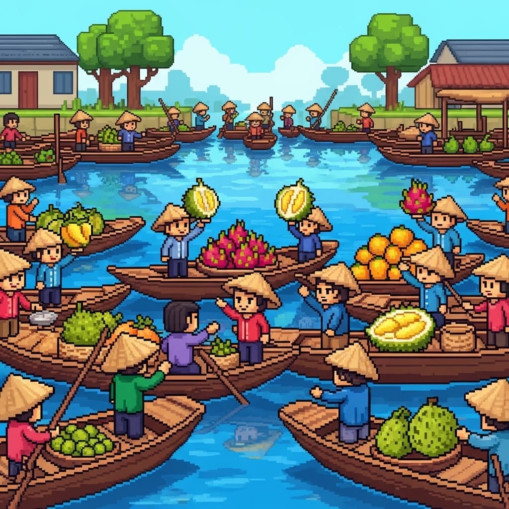 A bustling traditional Vietnamese floating market on the Mekong Delta with vendors selling tropical fruits from wooden boats., in a 16-bit pixel art style