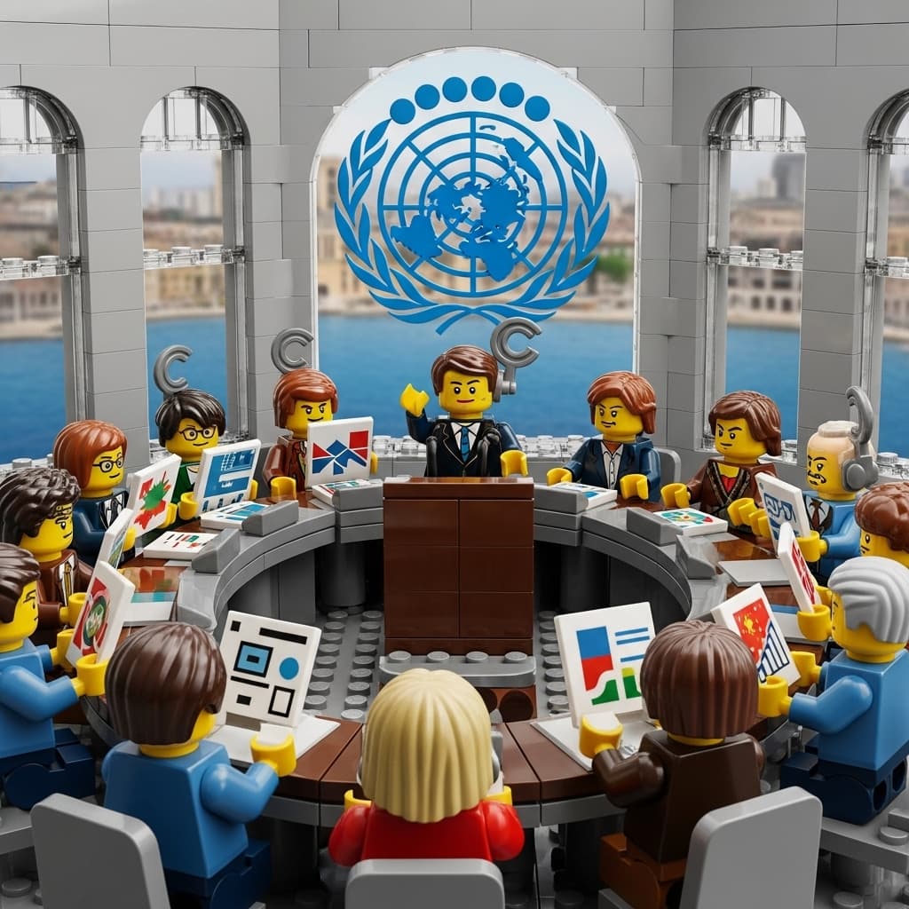 A high-stakes United Nations committee meeting in Geneva with delegates using translation earpieces and reviewing policy documents., in a lego style