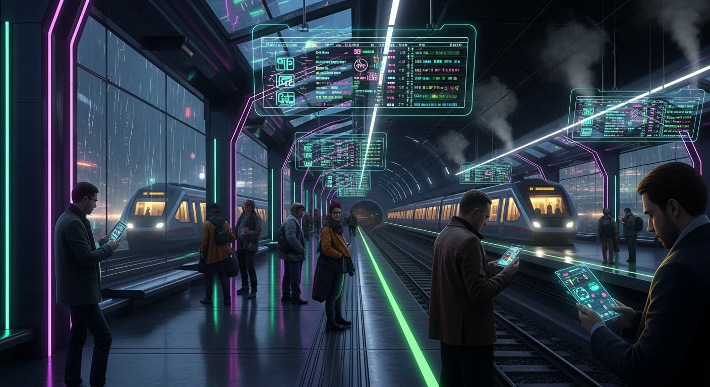 A futuristic train station platform with passengers waiting and digital schedule boards., in a cyberpunk style