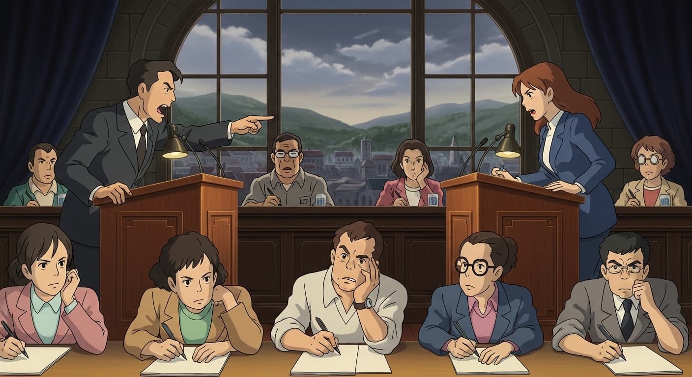 A historic political debate stage with candidates at podiums arguing policy while journalists take notes., in a ghibli studio anime style
