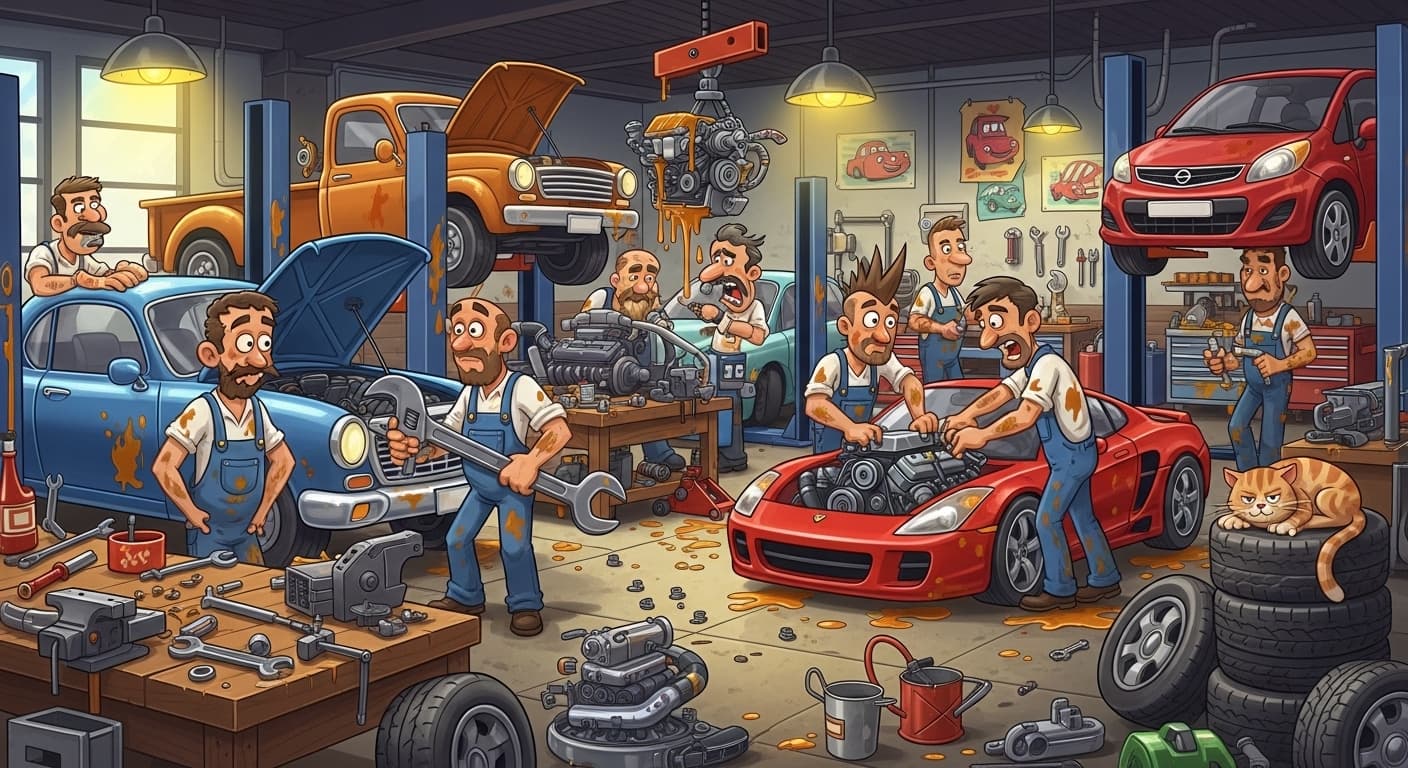 A messy car repair garage with mechanics fixing engines and tools scattered on workbenches., in a cartoon style