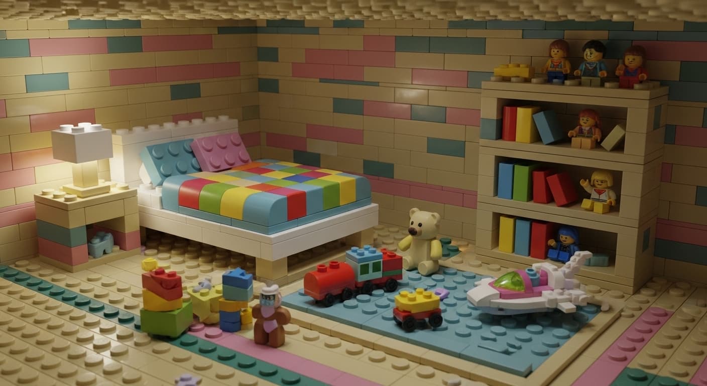 A cozy childs bedroom with a bed, a lamp, toys, and a bookshelf., in a lego style