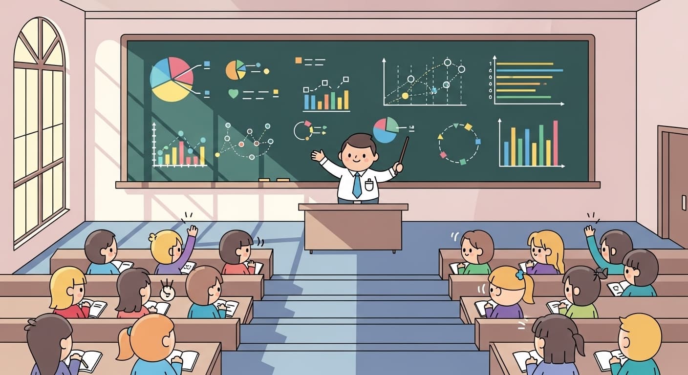 A large university lecture hall with a professor explaining complex charts on a blackboard to students., in a kawaii flat vector style