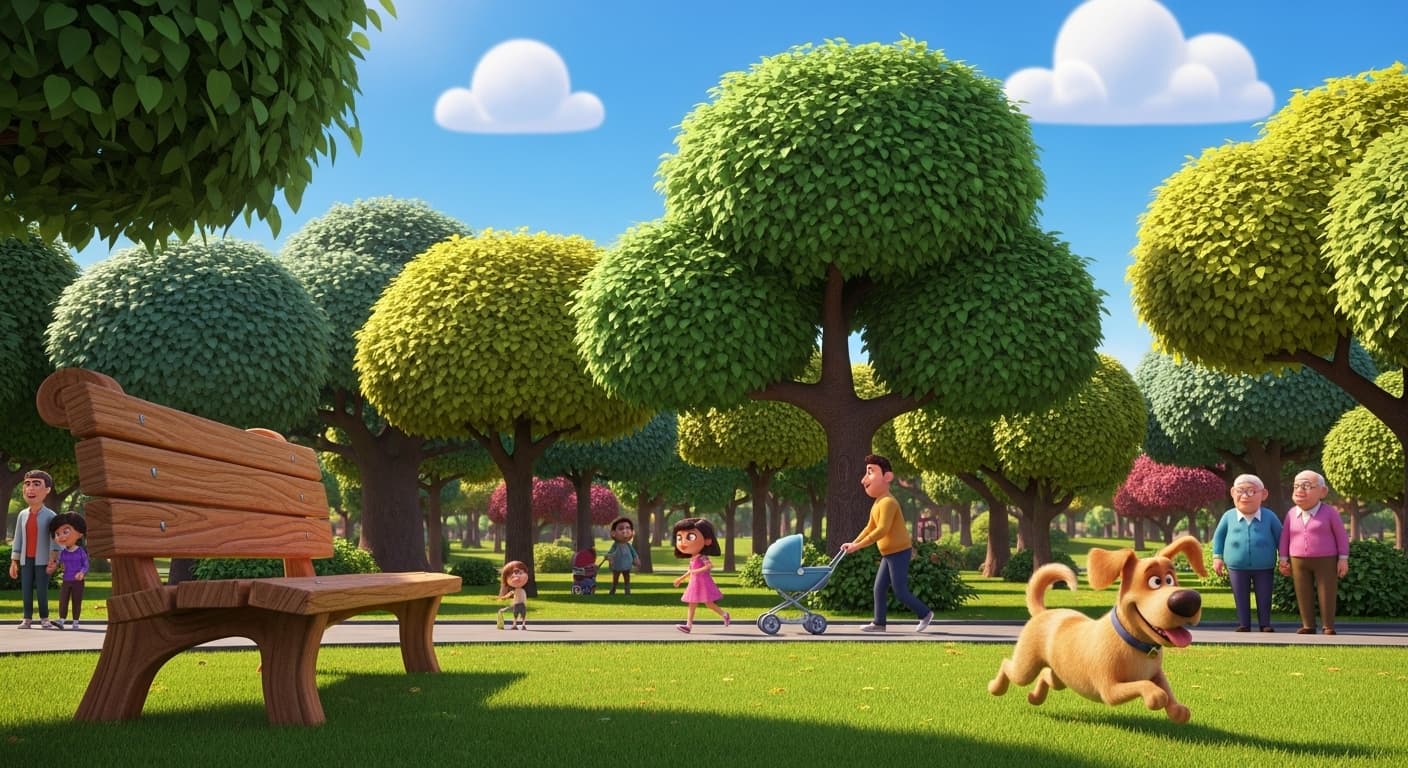 A public park on a sunny day with trees, a bench, a dog, and people walking., in a pixar 3d animation style
