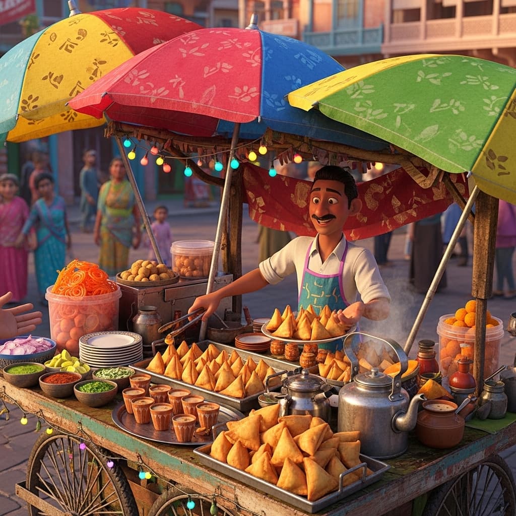 A busy Indian street food cart with samosas, chai cups, a vendor, and colorful umbrellas., in a pixar 3d animation style