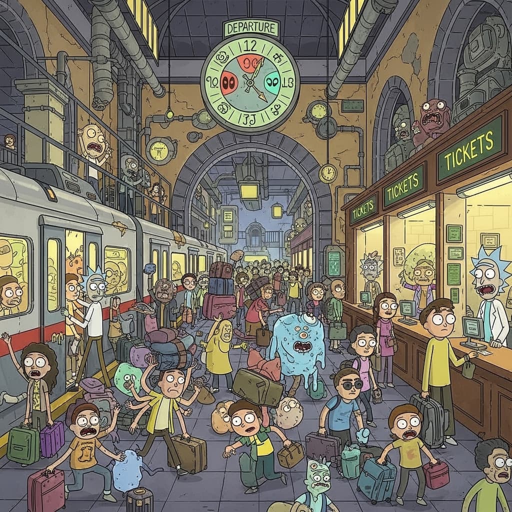 A busy train station in Mumbai with passengers loading luggage, ticket counters, and a large departure clock., in a rick and morty sci-fi cartoon style