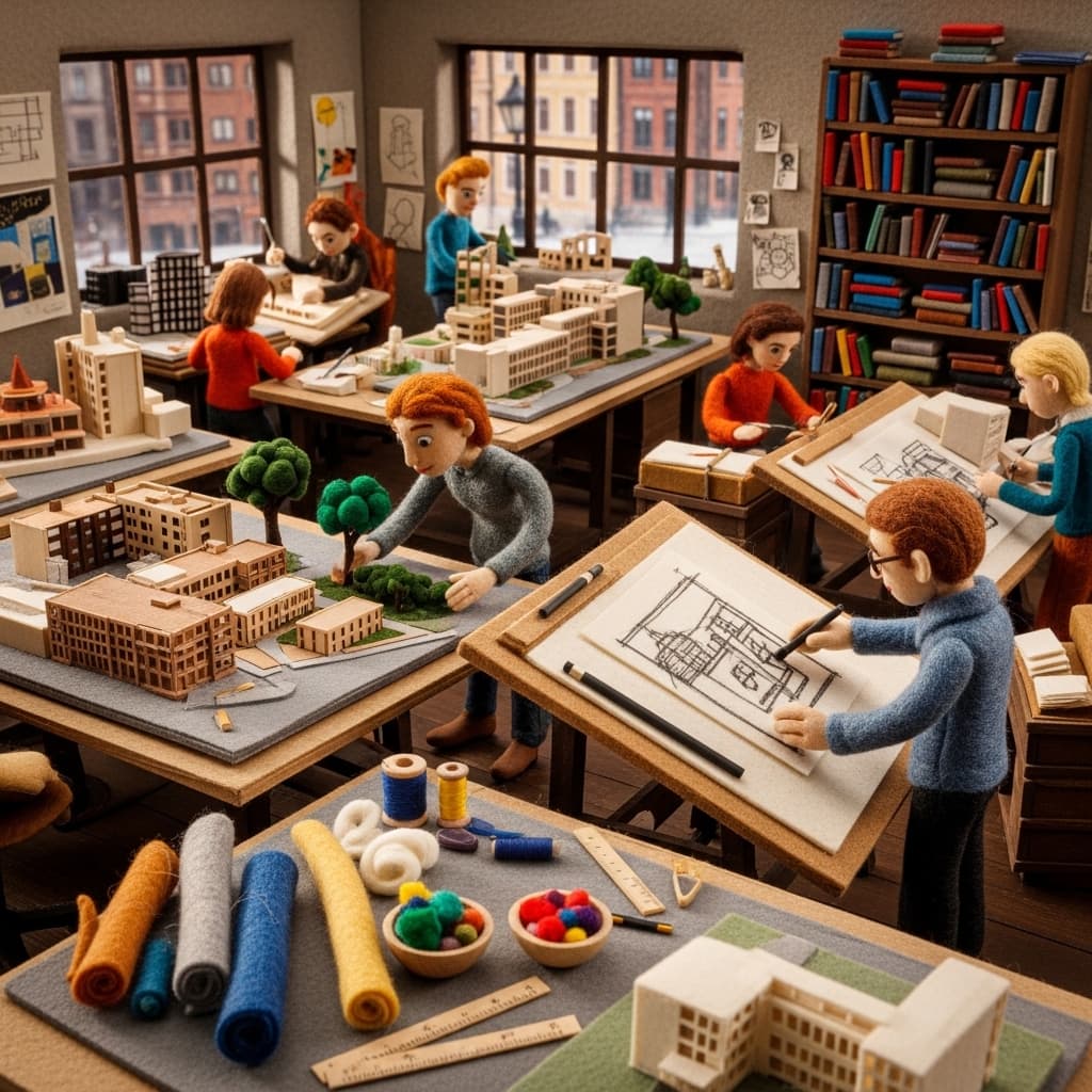 A busy Swedish design school studio with students working on architectural models and sketching on large drafting tables., in a stop-motion felting style