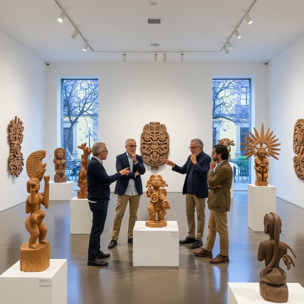 A sophisticated art gallery in Mexico City showing indigenous contemporary art with critics discussing the sculptures., in a realistic style