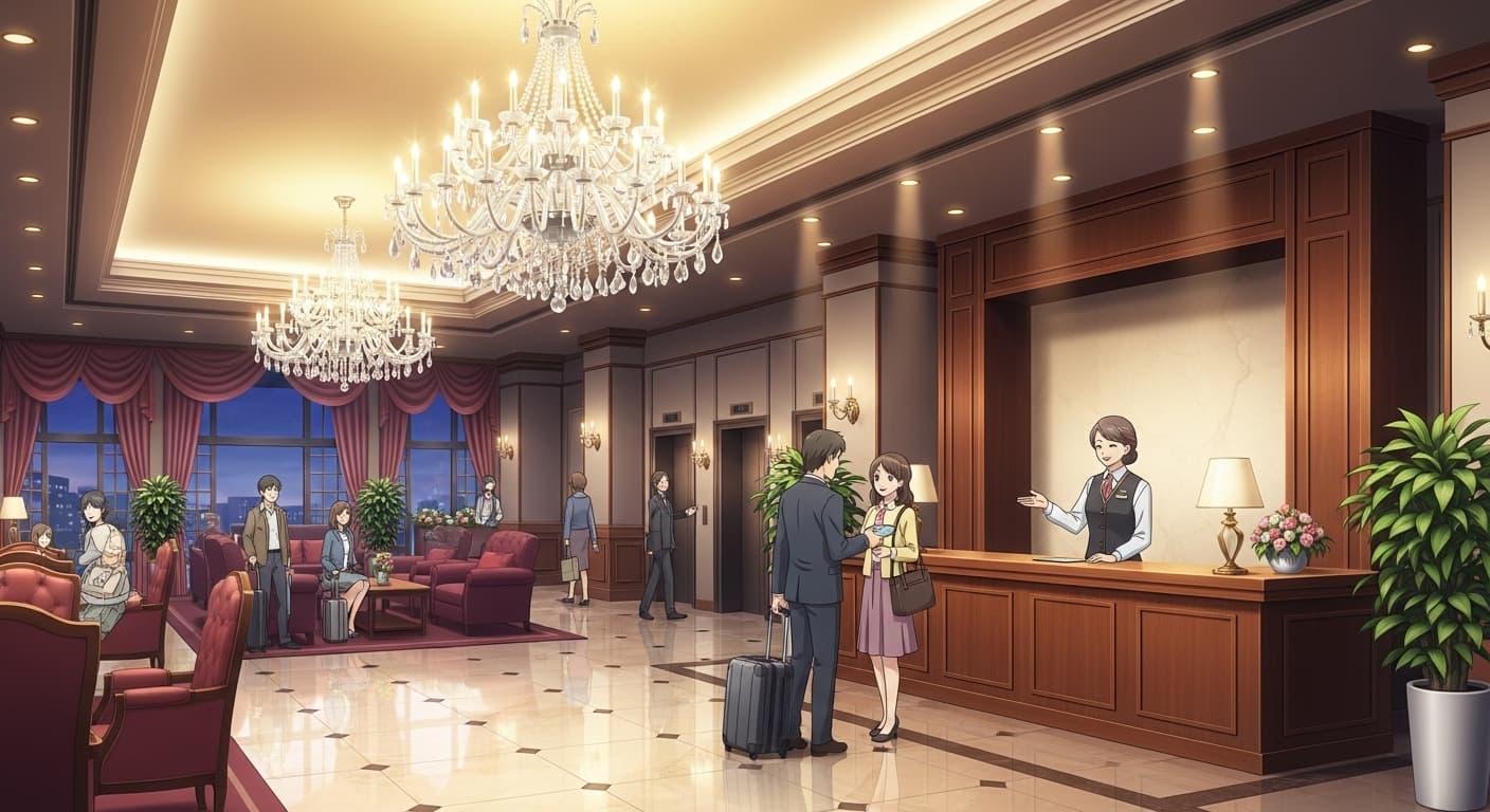 An elegant hotel lobby with a front desk, a chandelier, and guests checking into their rooms., in a anime style