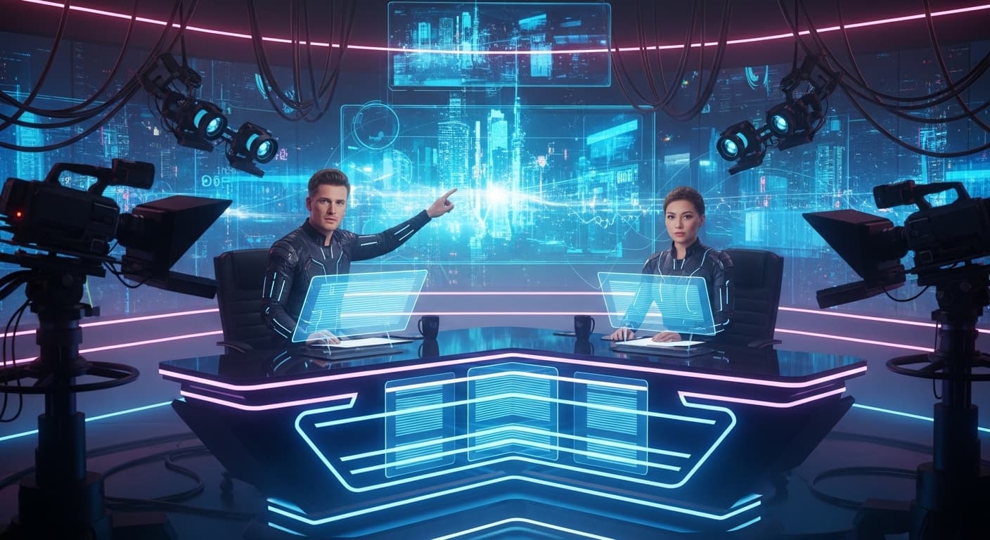 A live television news broadcasting studio with cameras, teleprompters, and anchors delivering breaking news., in a cyberpunk style