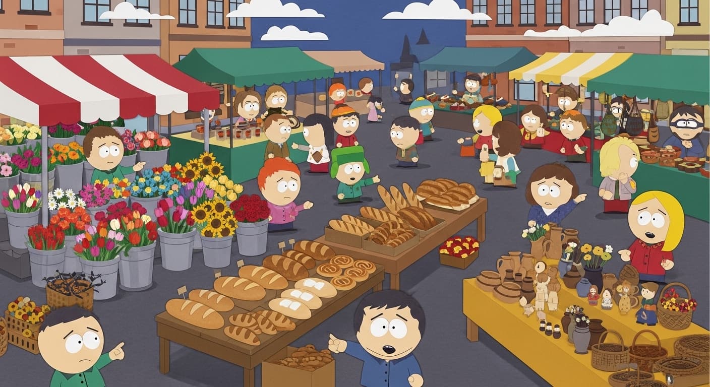 A crowded outdoor street market selling flowers, bread, and handmade crafts., in a south park paper-cutout style