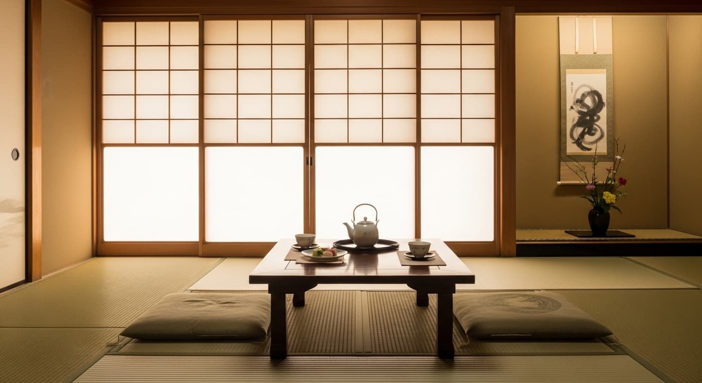 A traditional Japanese tatami room with a low table, a tea set, cushions, and a shoji sliding door., in a realistic style