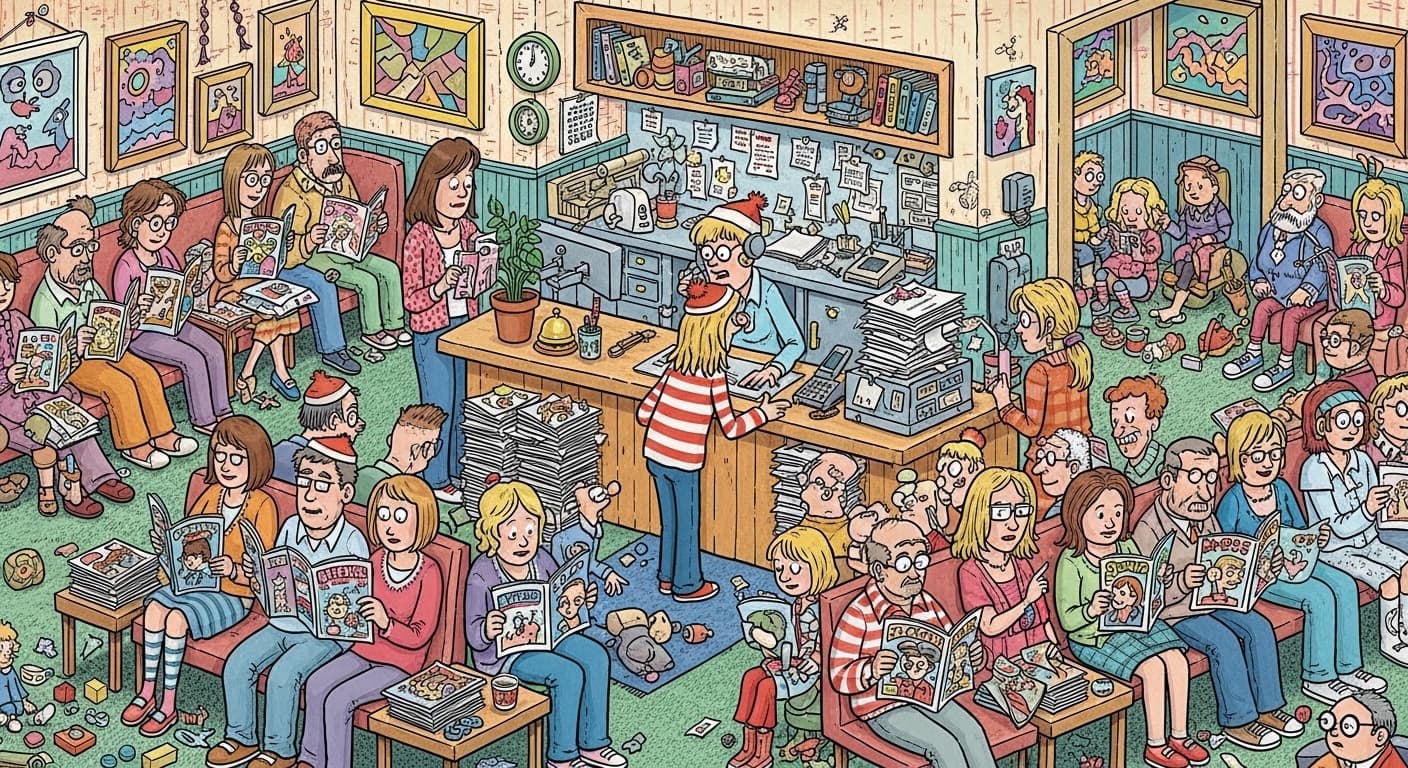 A crowded doctors waiting room full of patients reading magazines and a receptionist at a desk., in a wheres waldo cartoon style