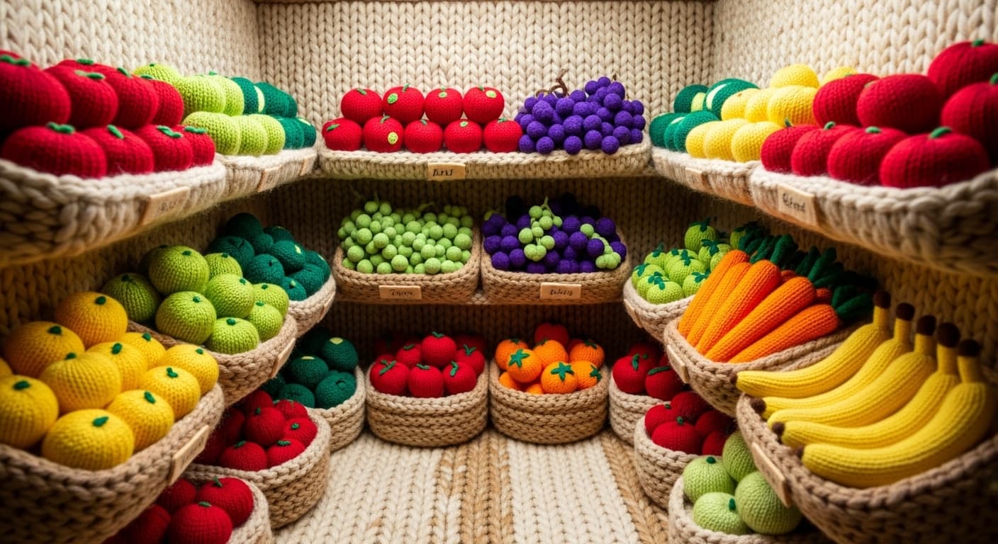 A small grocery store aisle with fresh fruits and vegetables on display., in a knitted wool style