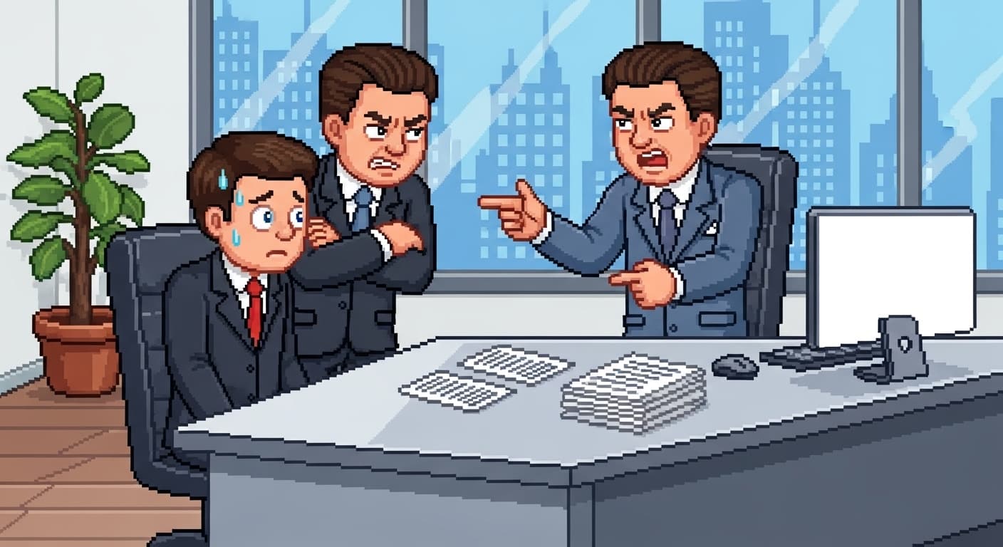 An intense job interview in a modern office with a candidate, managers, and resumes on the desk., in a 16-bit pixel art style