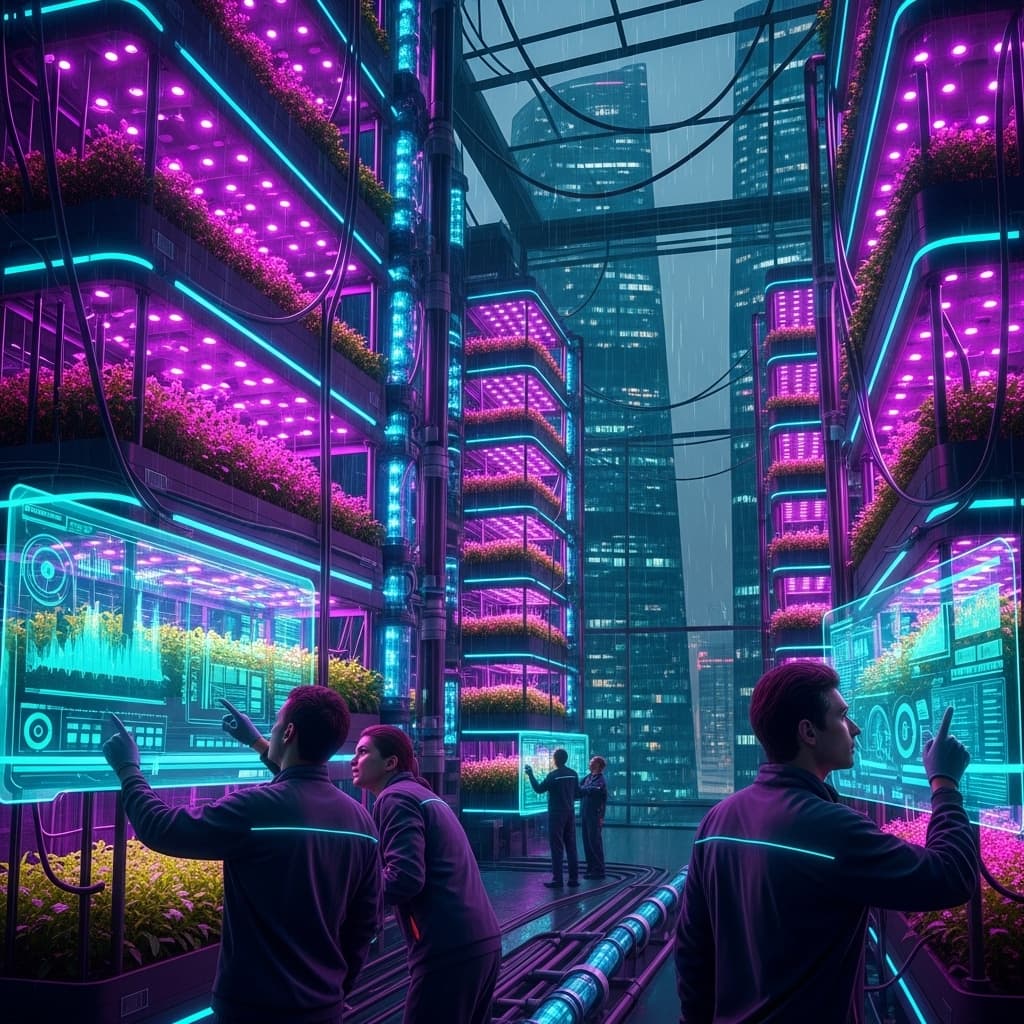 A sprawling high-tech hydroponic vertical farm in skyscrapers in Singapore with botanists monitoring nutrient panels., in a cyberpunk style