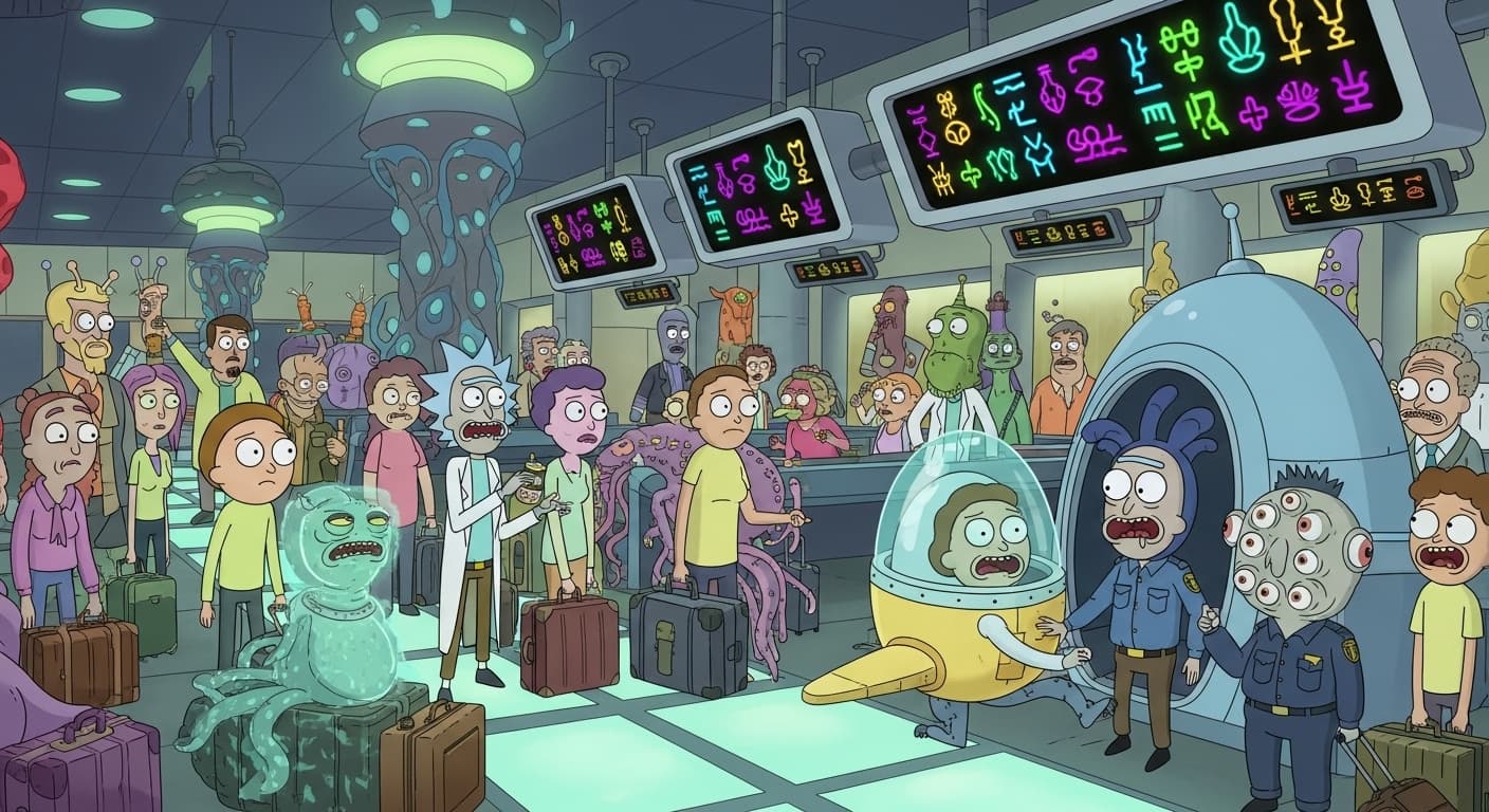 A busy airport departure lounge with travelers carrying luggage and looking at departure screens., in a rick and morty sci-fi cartoon style
