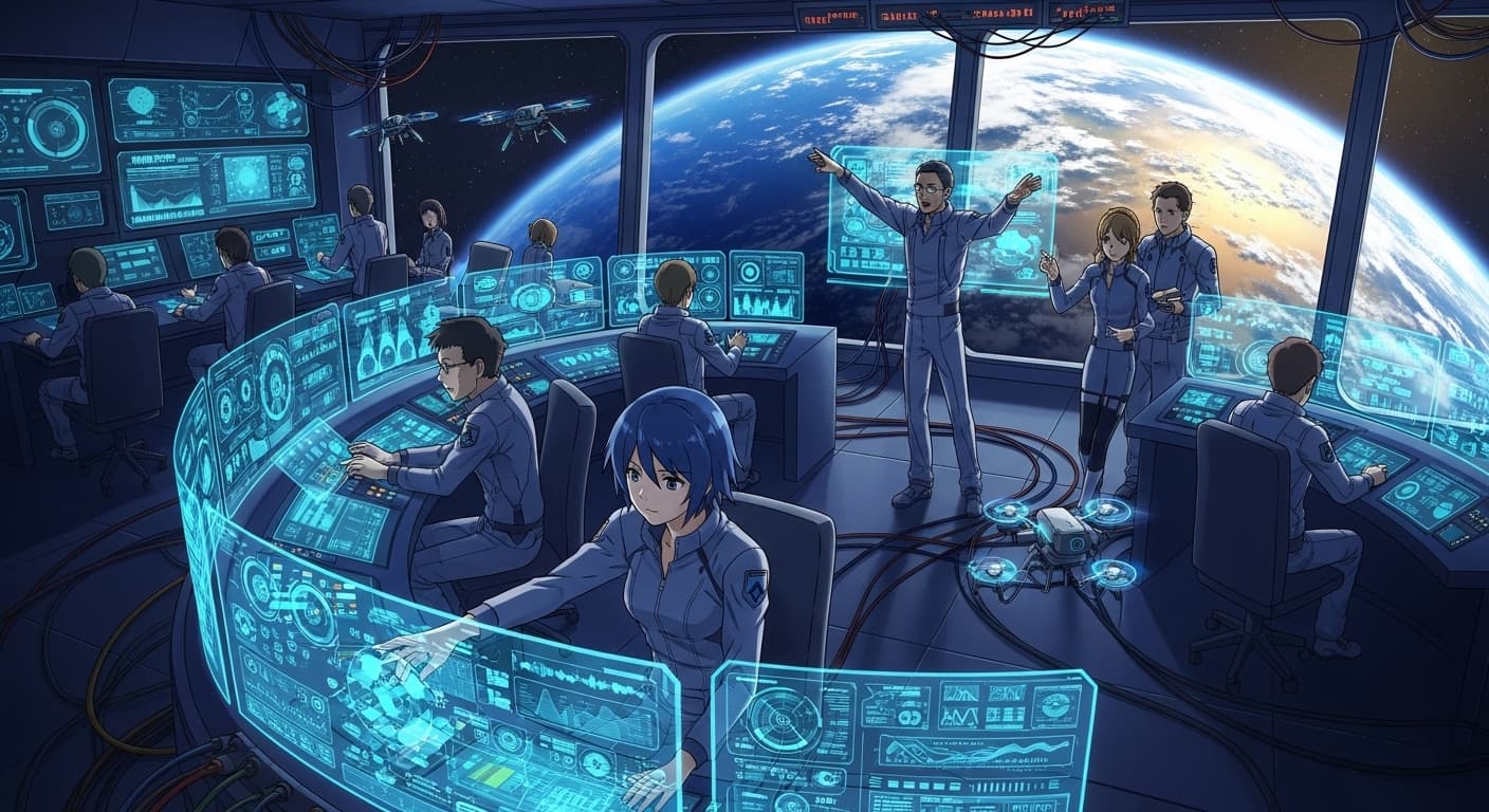 A complex space station control room overlooking Earth, with engineers monitoring intricate telemetry data screens., in a anime style