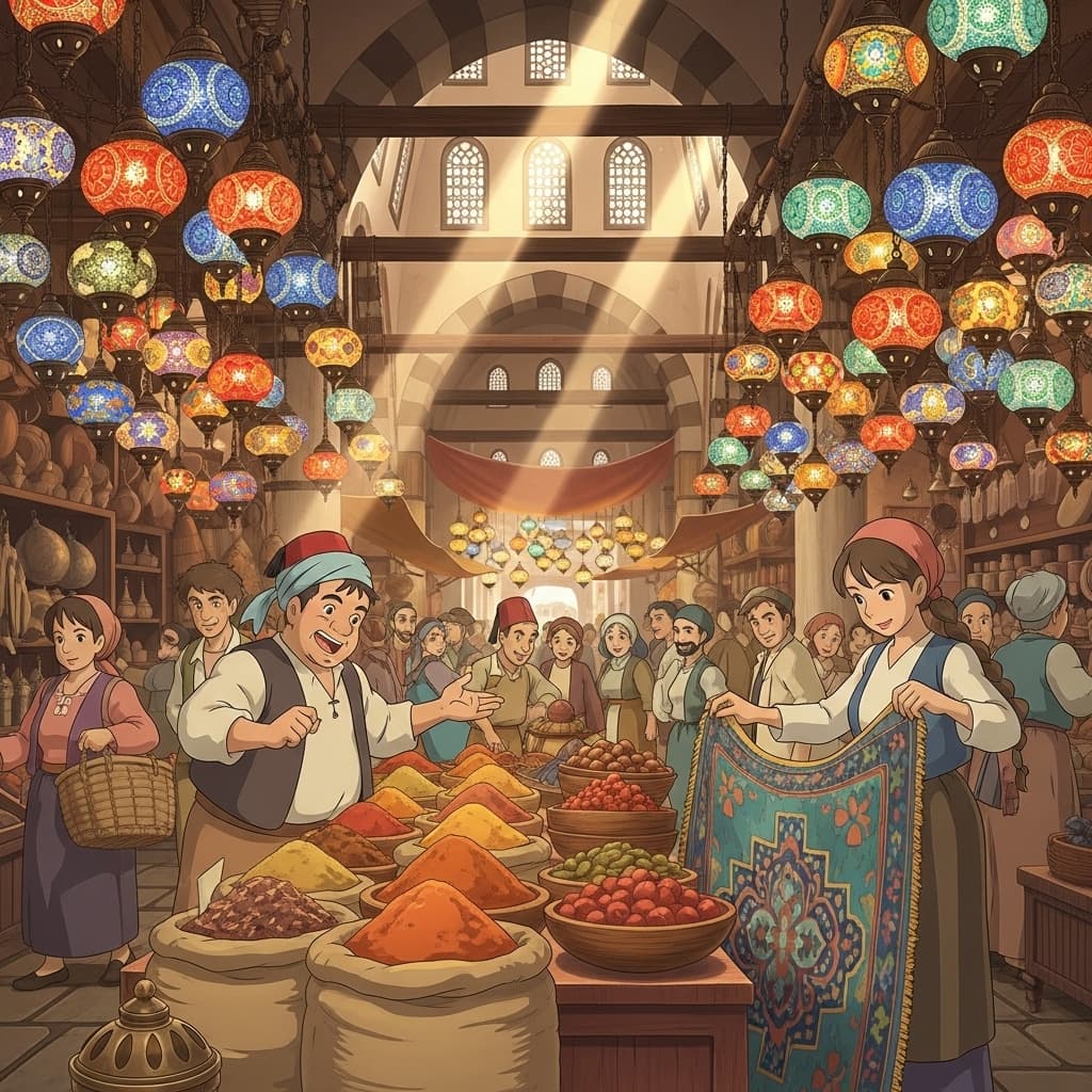 A traditional Turkish grand bazaar with merchants selling spices, colorful carpets, and hanging lamps., in a ghibli studio anime style