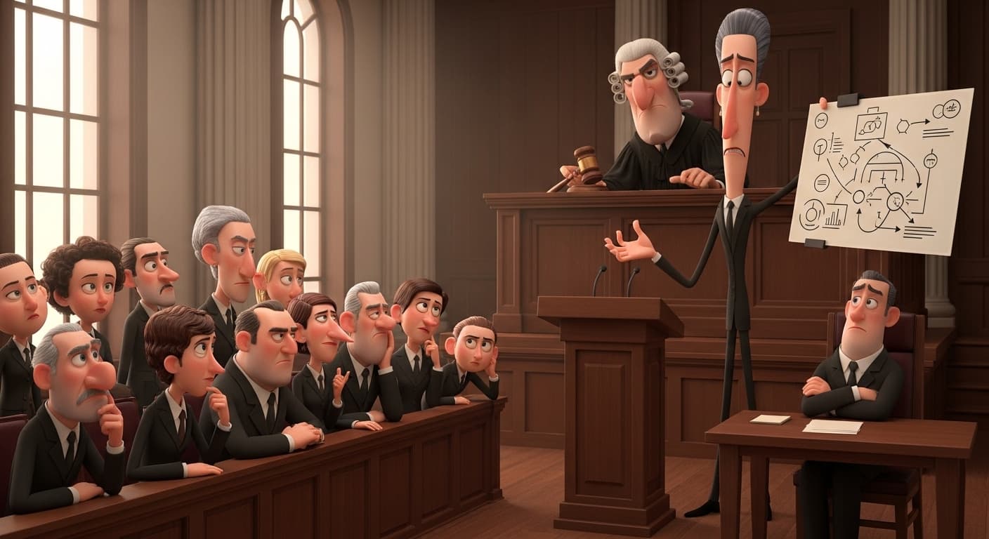 A tense courtroom scene with a judge, lawyers presenting evidence, and a jury watching closely., in a pixar 3d animation style