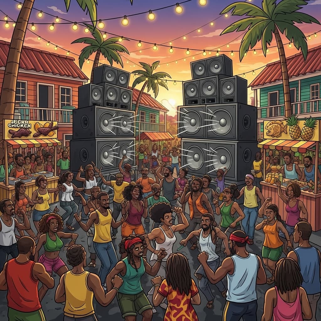 A vibrant Jamaican dancehall street party with a large sound system, people dancing, and food vendors., in a cartoon style