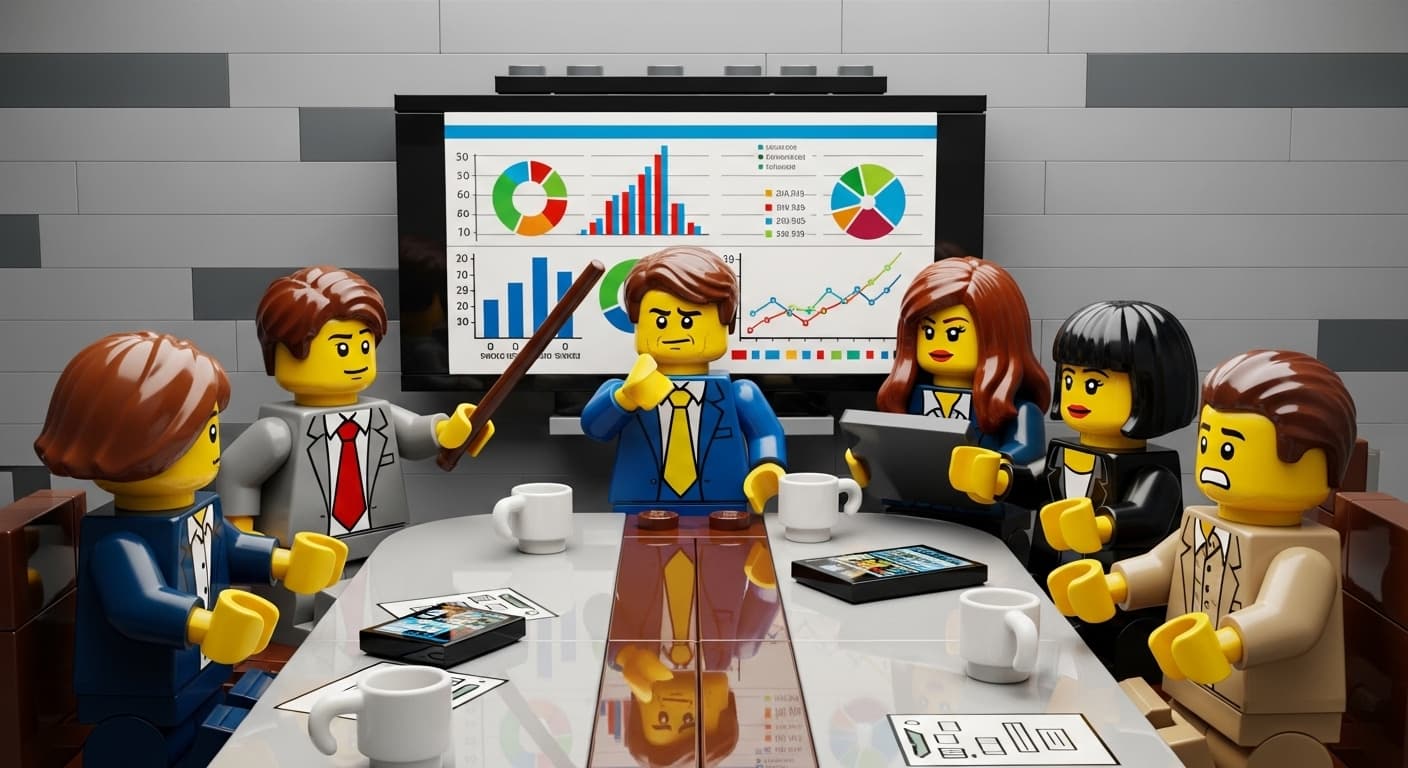 A high-pressure corporate boardroom meeting with executives analyzing financial projections on a screen., in a lego style