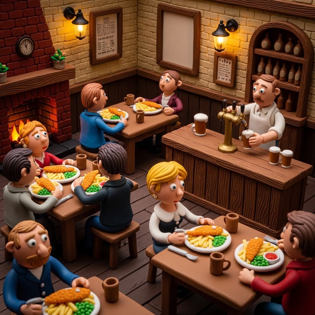 A traditional British pub interior with people eating fish and chips, a bartender pouring drinks, and a fireplace., in a claymation style