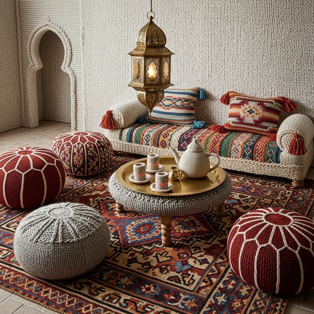 A cozy Moroccan living room with a large patterned rug, an ornate lantern, and a brass tray., in a knitted wool style