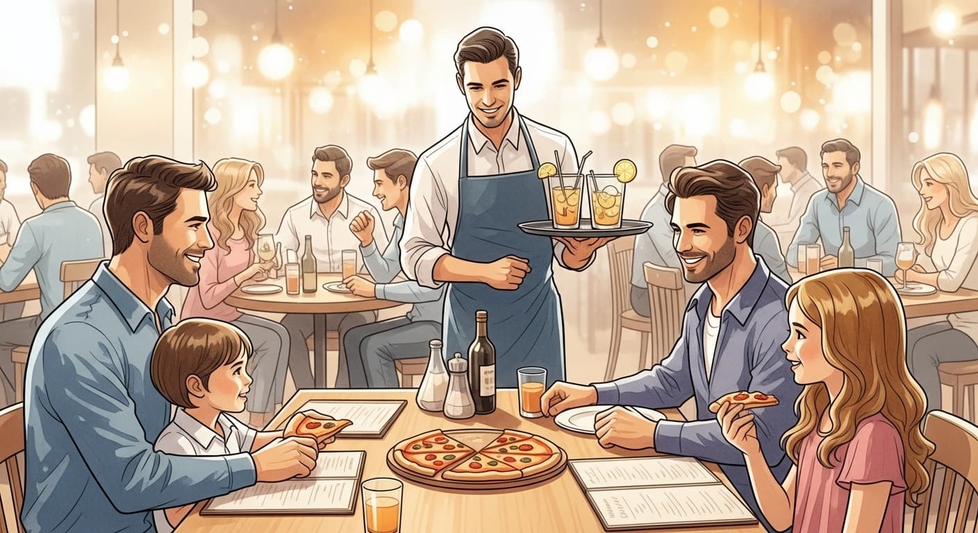 A busy family restaurant with people eating pizza, a waiter carrying drinks, and menus on the table., in a watercolor style