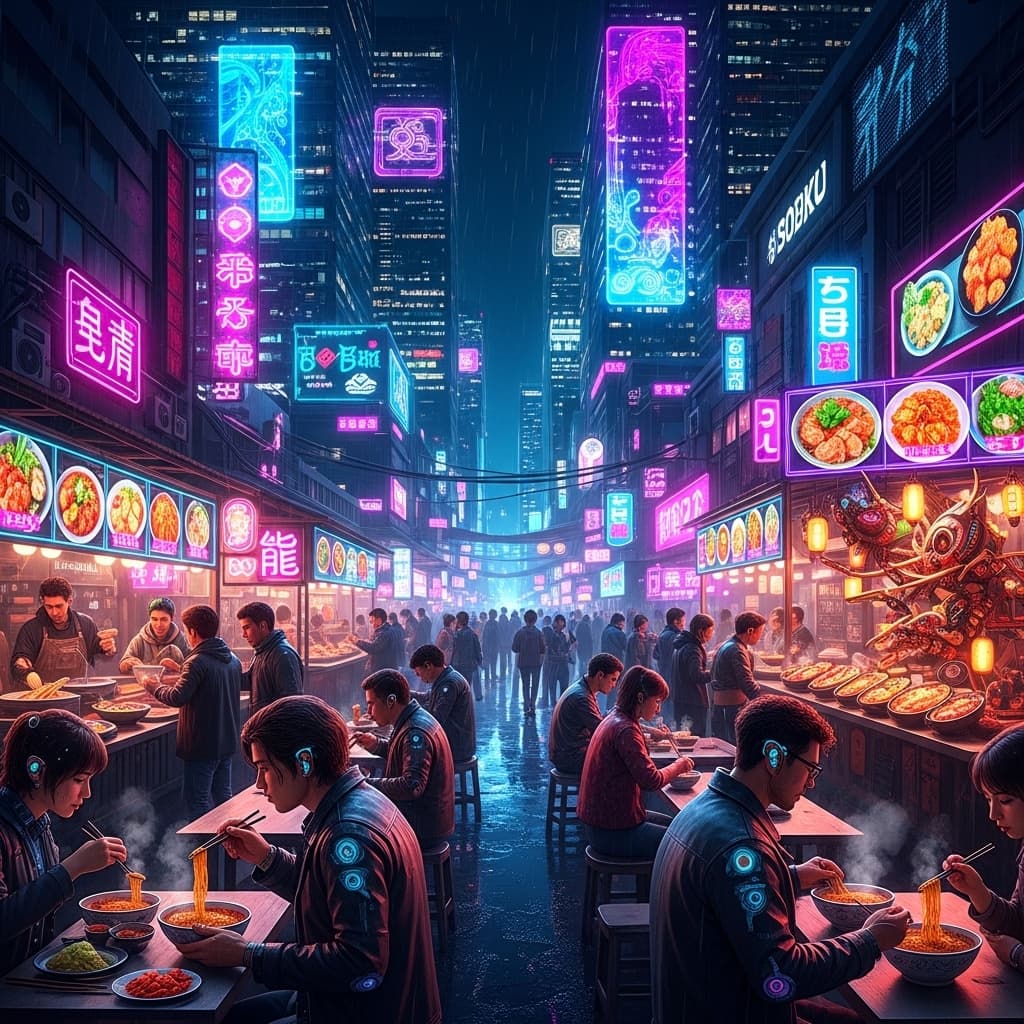 A futuristic night market in Seoul with glowing neon signs, diverse food stalls, and people eating noodles., in a cyberpunk style