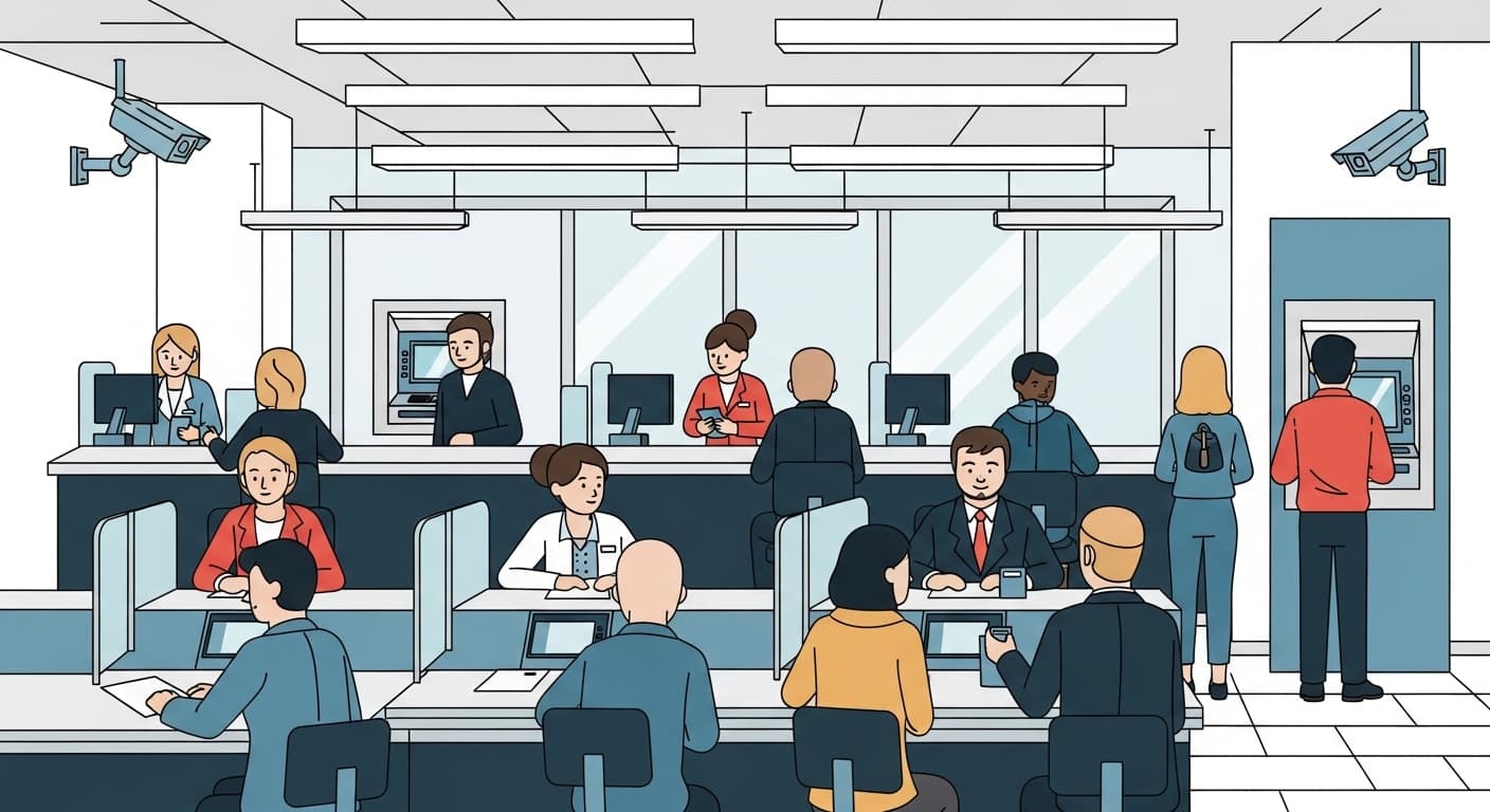 A busy bank interior with tellers helping customers, an ATM machine, and security cameras., in a modern vector flat art style