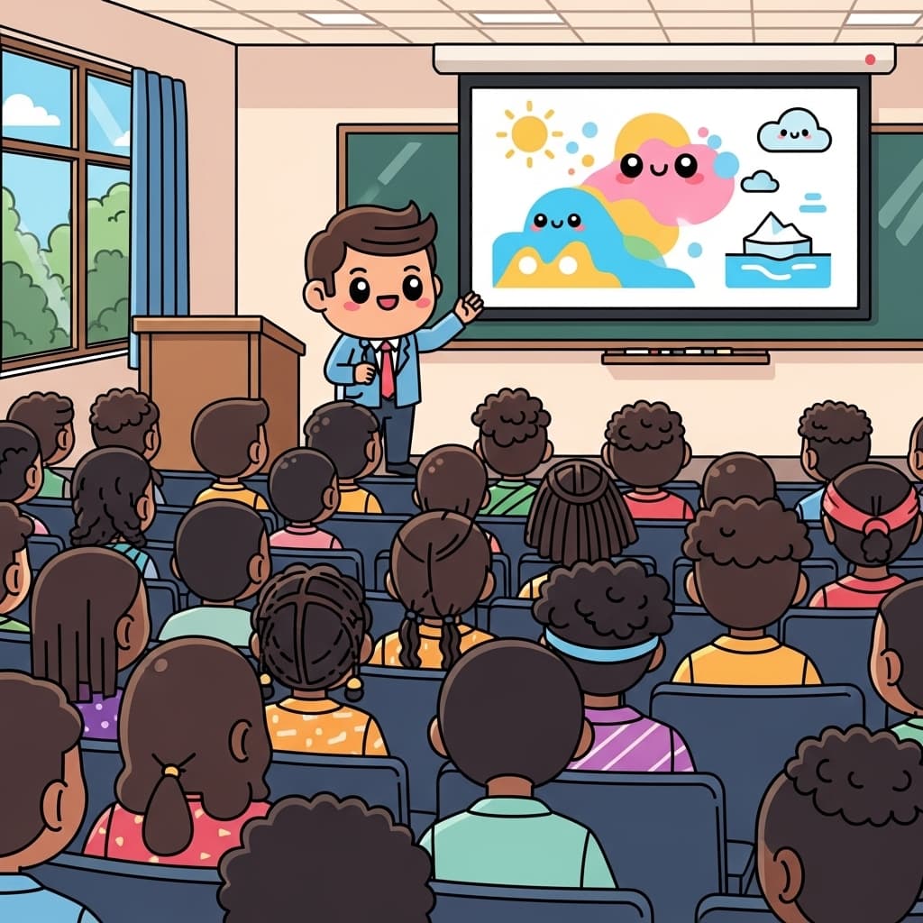 A crowded lecture hall in a Kenyan university with a professor explaining climate data on a screen to attentive students., in a kawaii flat vector style