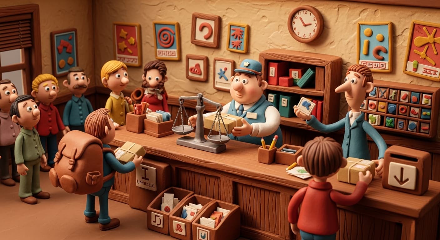 A traditional post office interior with people mailing packages and buying stamps., in a claymation style