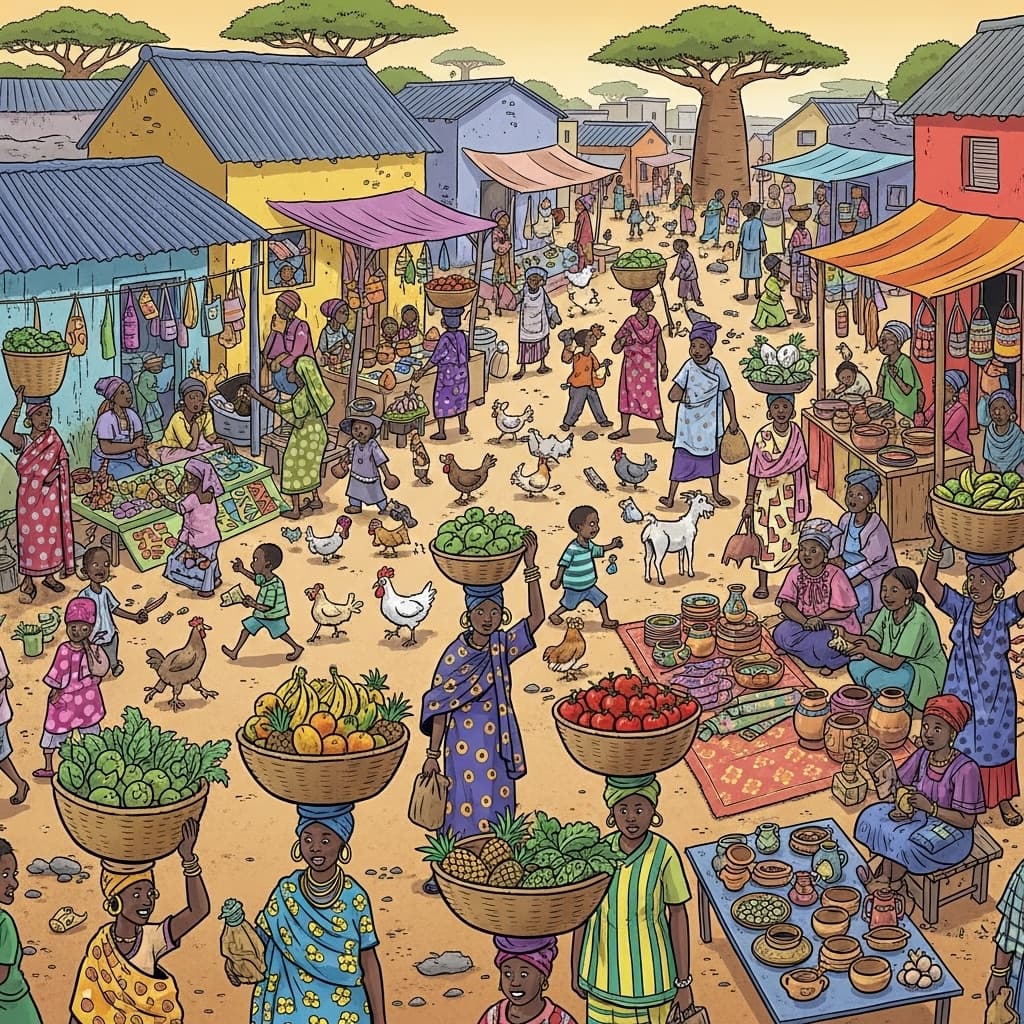 A bustling African outdoor marketplace with women carrying baskets, colorful fabrics, and a variety of fresh produce., in a wheres waldo cartoon style