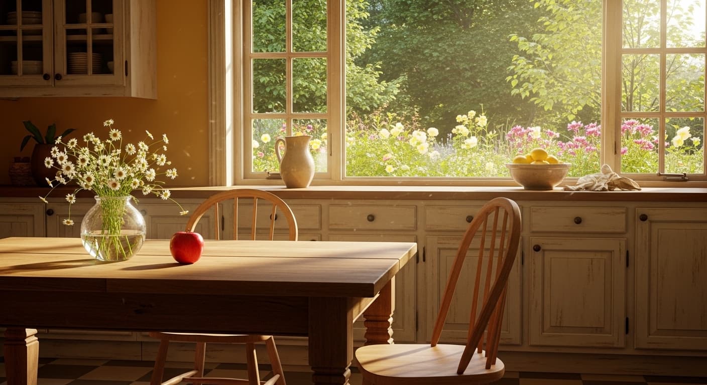 A bright, sunny kitchen with a table, chairs, an apple, and a window., in a realistic style