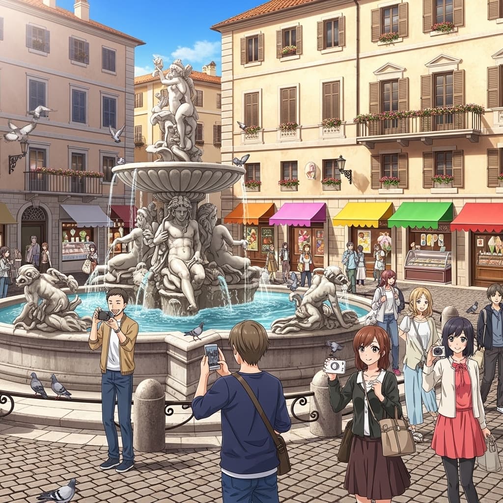 An elegant Italian piazza with tourists taking photos of a central fountain, pigeons, and gelaterias., in a anime style