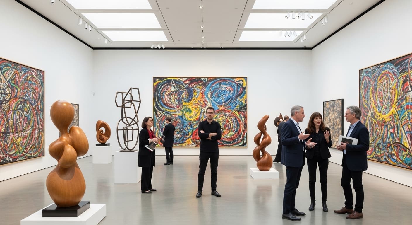 A sophisticated modern art gallery exhibition with abstract paintings, sculptures, and art critics conversing., in a realistic style