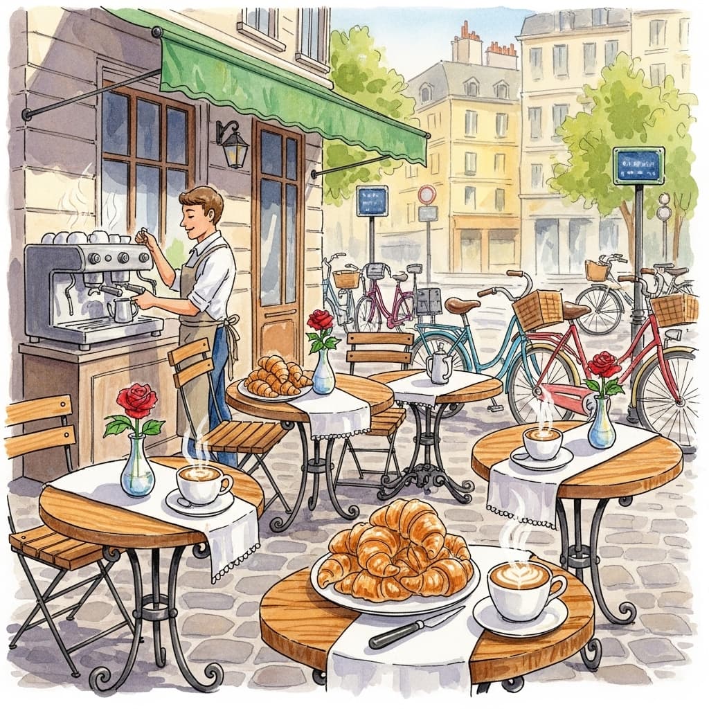 An open-air French cafe with small round tables, croissants, a barista making coffee, and bicycles parked nearby., in a watercolor style