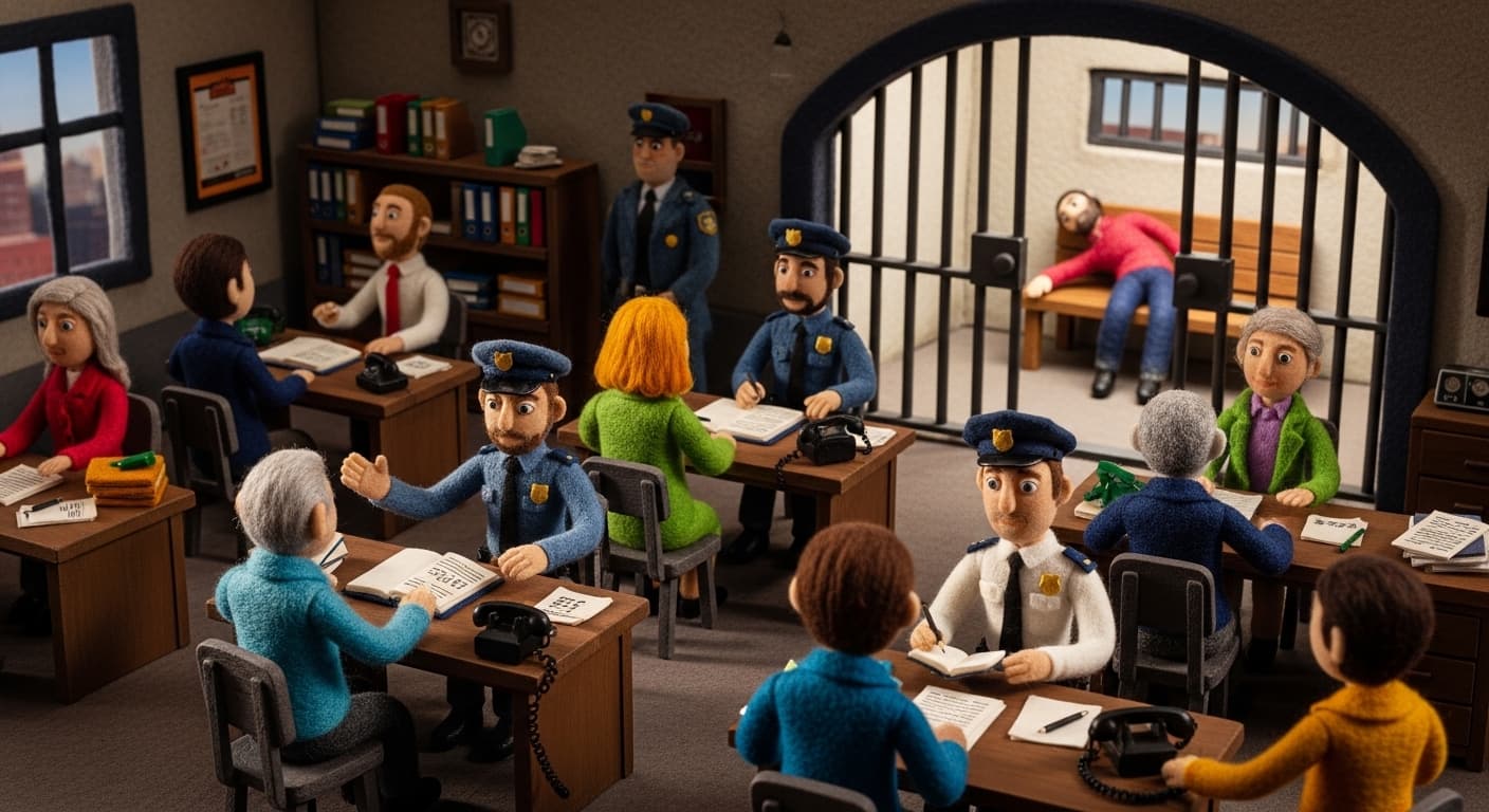 A bustling city police station with officers at desks taking reports and a holding cell in the back., in a stop-motion felting style