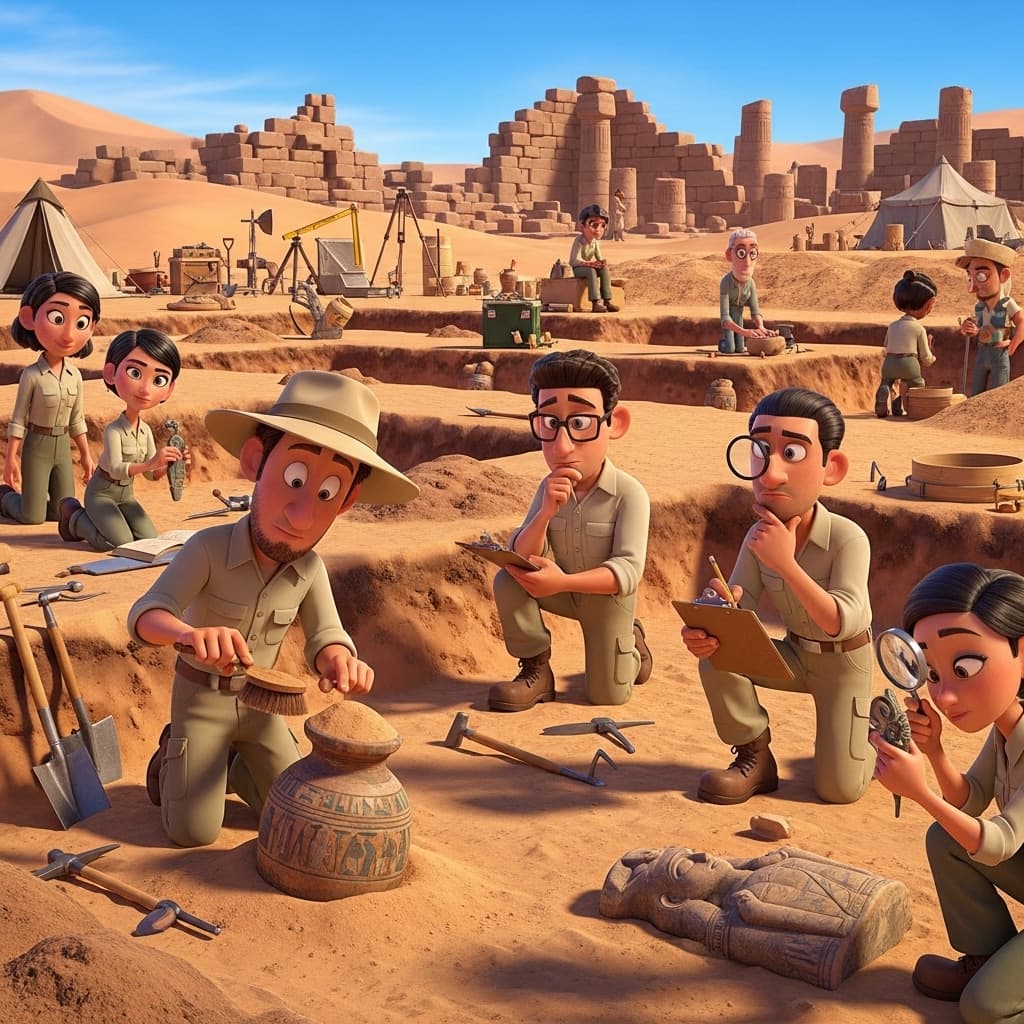A busy archaeological excavation site in Egypt with researchers brushing sand off ancient artifacts and taking notes., in a pixar 3d animation style