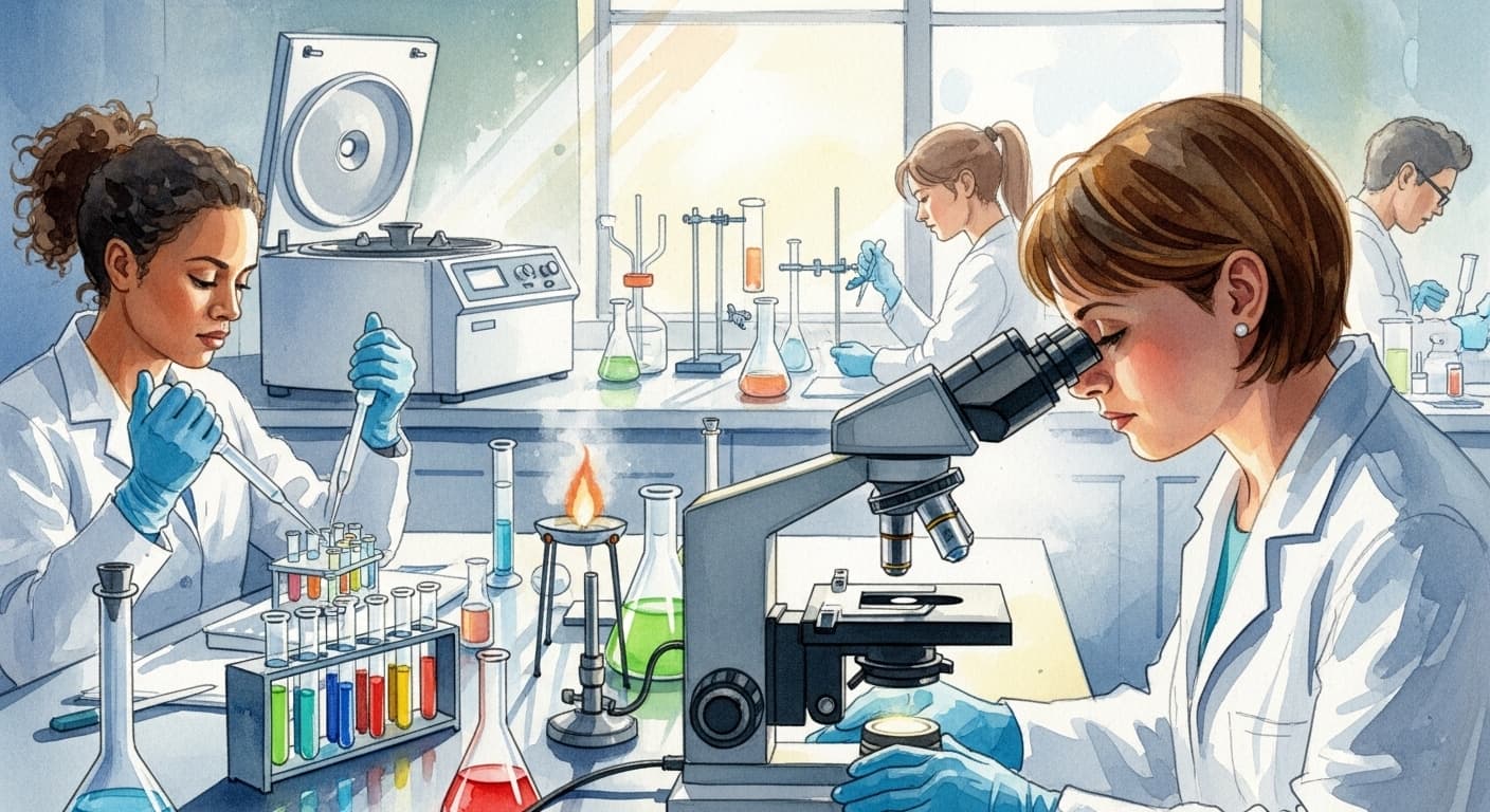 A state-of-the-art biological laboratory with scientists using microscopes, centrifuges, and chemical test tubes., in a watercolor style